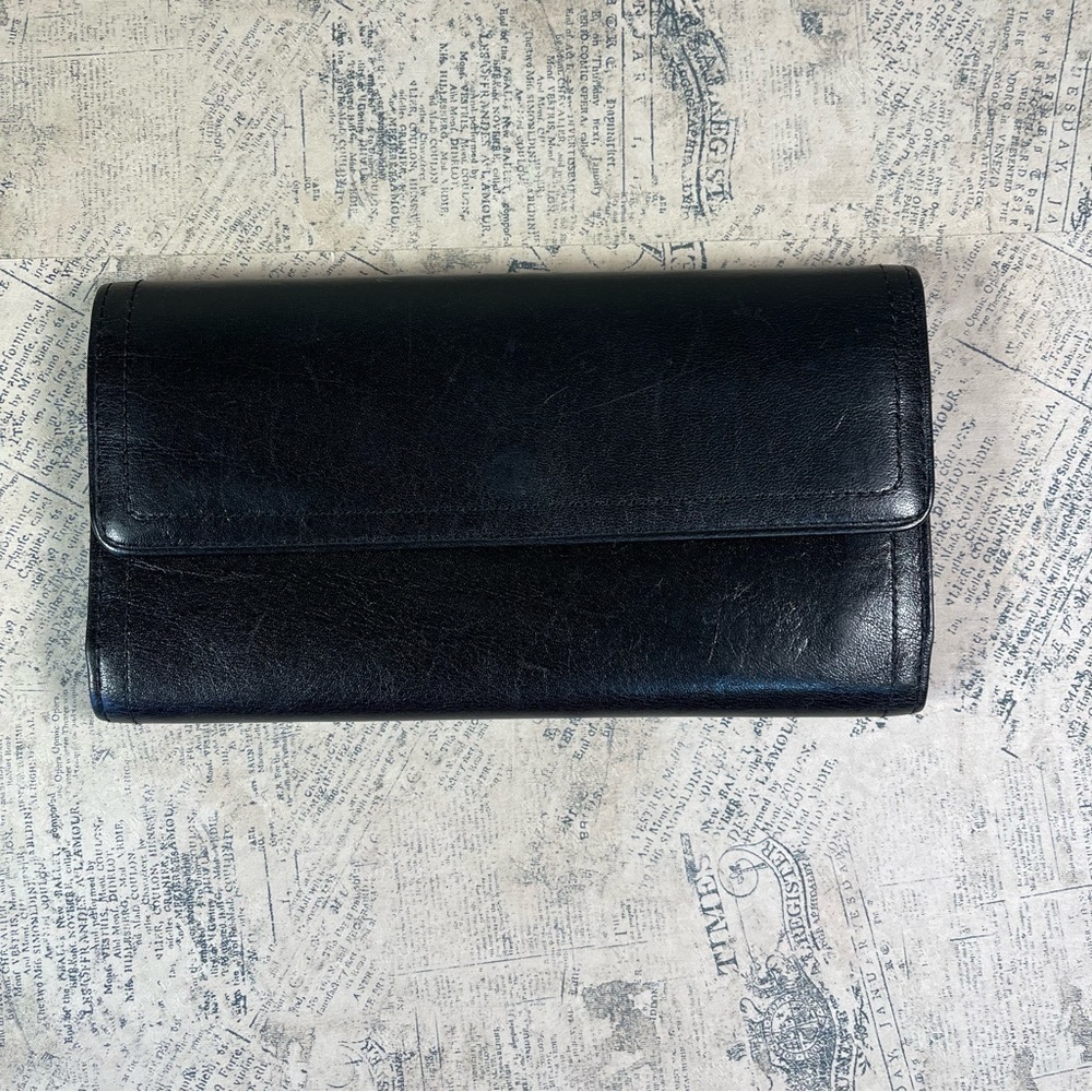 Monsac Vintage Italian Leather Trifold Wallet Black Organizer ID Coin Pocket